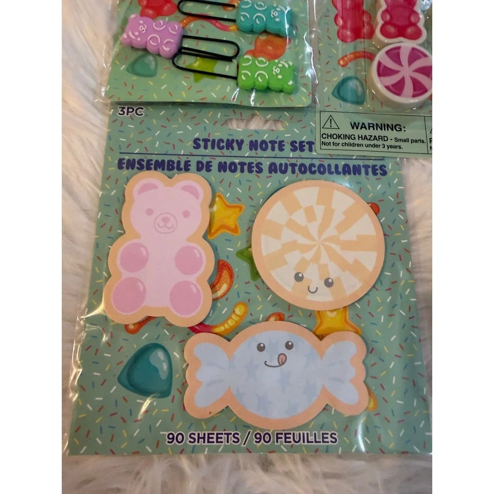 Gummy Bear Candy Stationery Set Paper Clips Erasers Sticky Notes 3pc Bundle